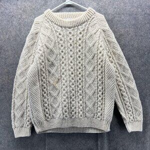 Irish Traditional Sweater Mens Large Cream Aran Cable Knit 100% Wool Ireland